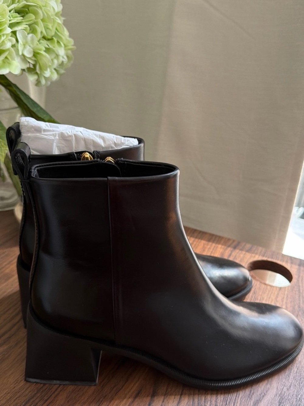 Brand New Never Worn Tory Burch Black Leather Ankle Boots with Block Heel